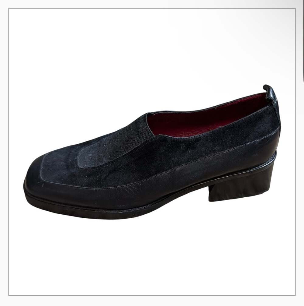 Donald J Pliner Black Suede and Leather Slip-On Platform Block Heel Loafers